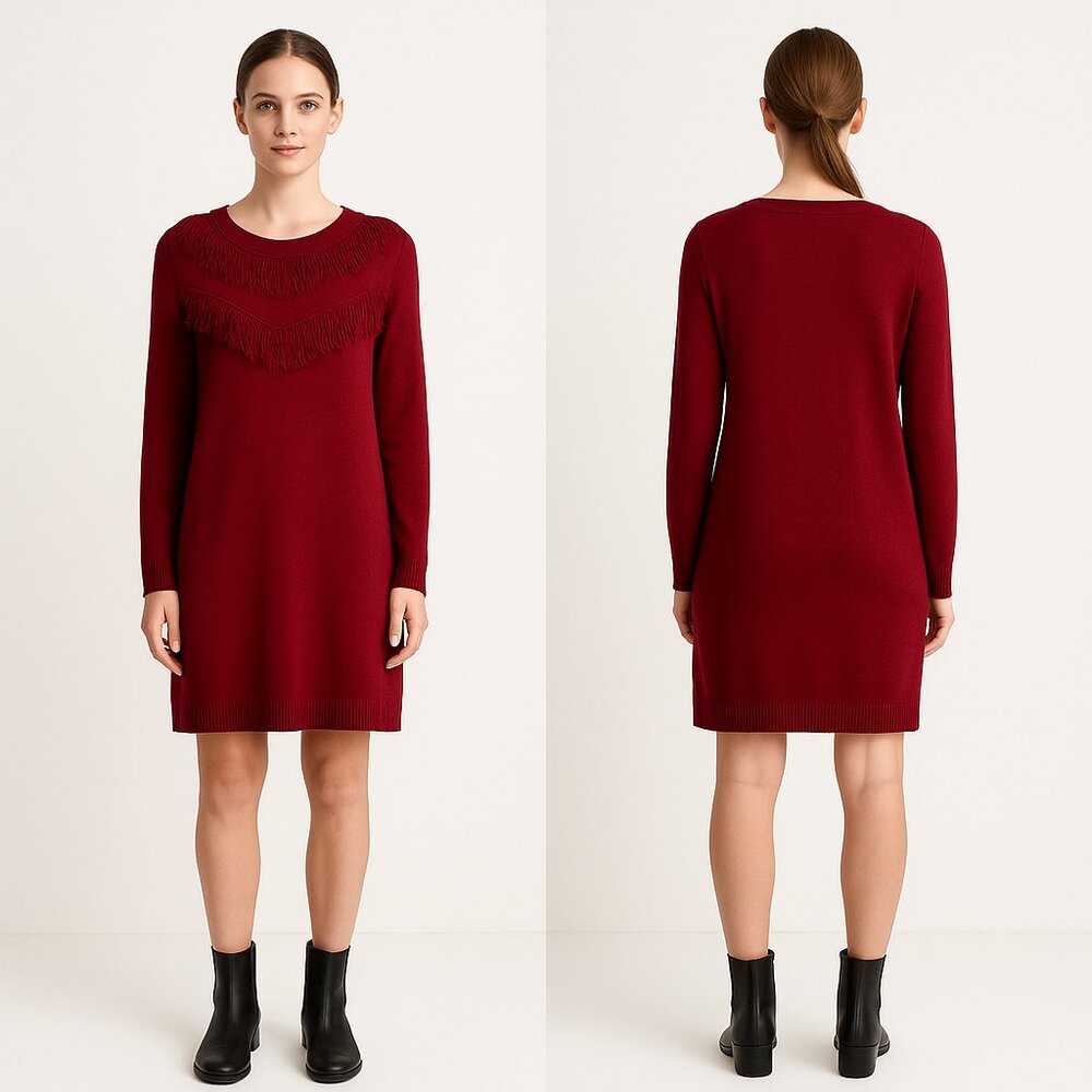 Kate Spade Red Fringe Knit Long Sleeve Dress Size L